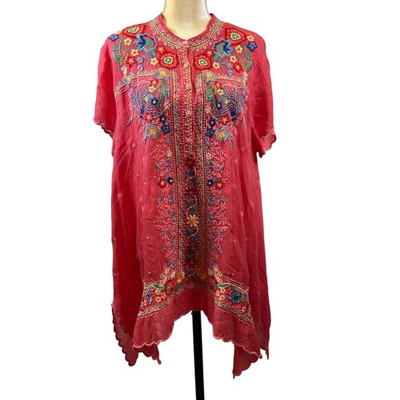 Johny Was Mikones Tunic Top Coral Floral Embroidered Size XL - Picture 2 of 10